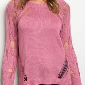Blush Pink Chic Knit Sweater with Trendy Arm Slits for Effortless Style